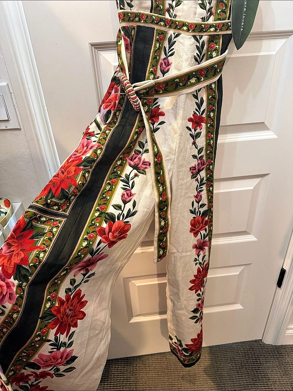 Farm Rio Off-White Calm Breeze Beaded Straps Belted Romper Floral Maxi Dress - Picture 2 of 6